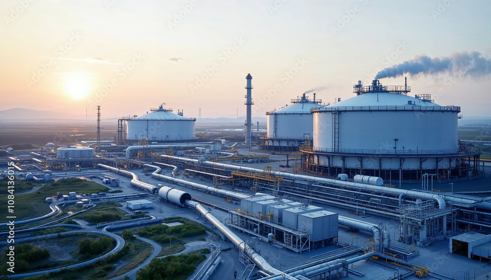 Obraz premium A sprawling energy hub with LNG tanks, pipelines, and advanced gas distribution systems.
