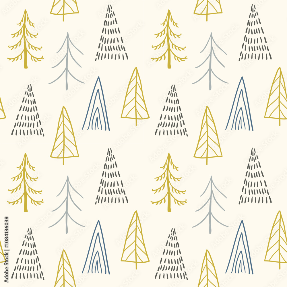 Obraz premium Cute Scandinavian-style forest print with trees. Doodle forest on a light background. cute natural hand-drawn print.