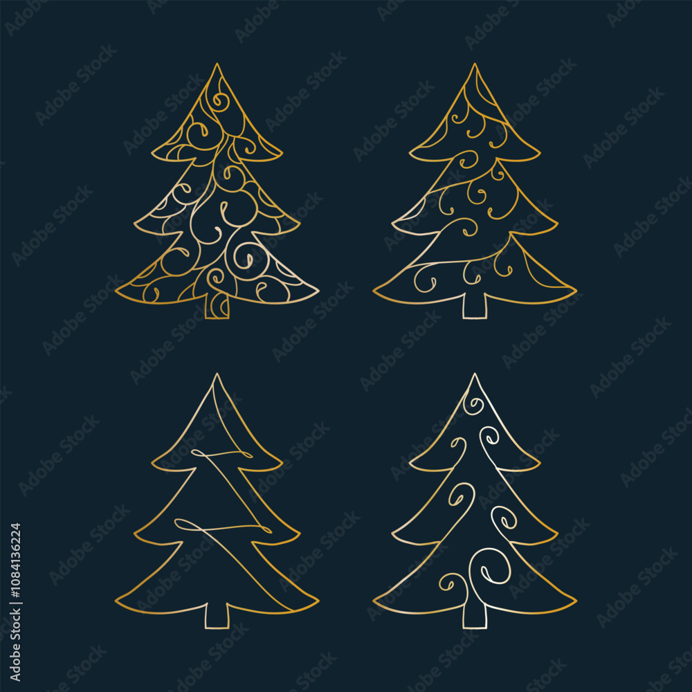 Obraz premium a set of patterned golden Christmas trees for festive Christmas banners and postcards. golden hand-painted fir trees