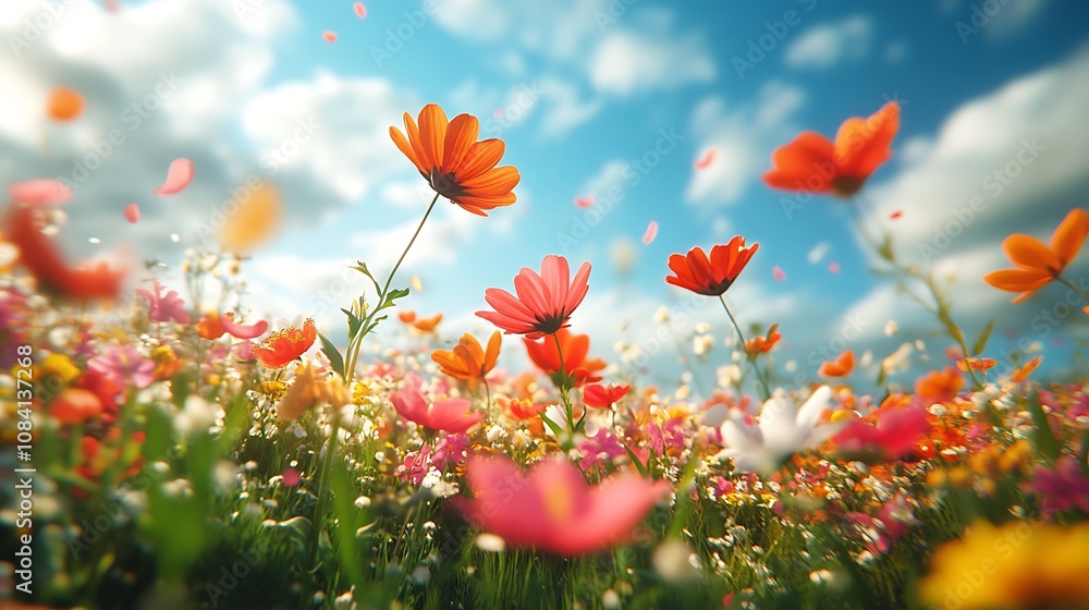 Obraz premium Blooming wildflowers in a sunny field nature landscape vibrant spring atmosphere