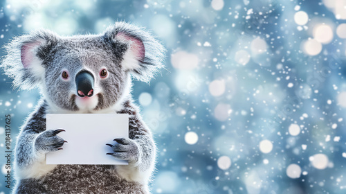 Cute friendly koala bear holding a rectangular mockup piece of paper in its paws on a dark blue bokeh Christmas background with snowflakes and copy space. Holiday greeting card template. 
 photo