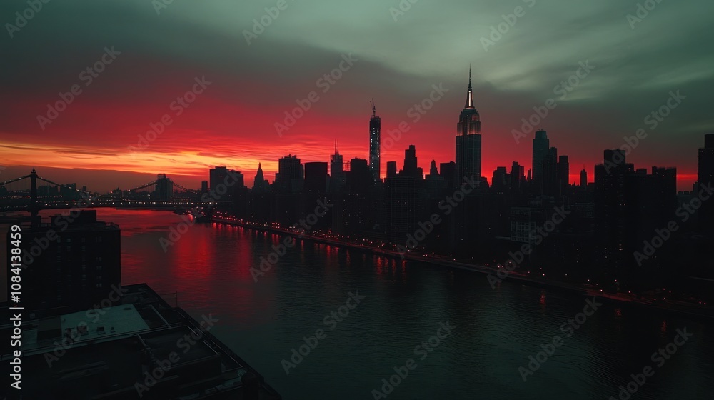 Obraz premium A panoramic dusk view of Manhattan, with skyscrapers glowing against the sunset over the river. The twilight hues enhance the city silhouette, creating a stunning New York scene.