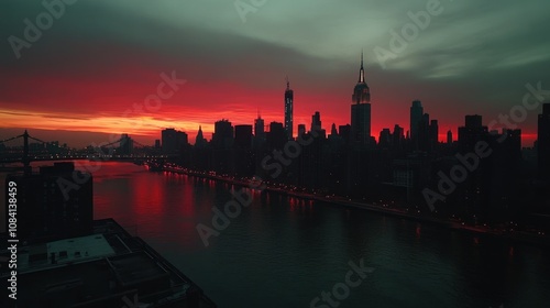 A panoramic dusk view of Manhattan, with skyscrapers glowing against the sunset over the river. The twilight hues enhance the city silhouette, creating a stunning New York scene. photo