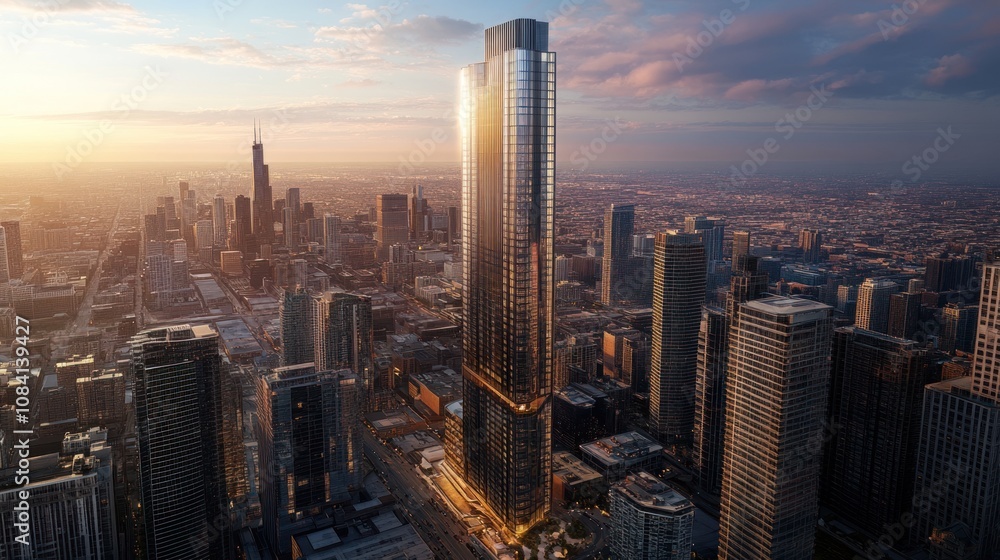 Fototapeta premium A sleek modern skyscraper with exposed steel and glass facades is visible from above. The sharp angles and structural precision reflect the forward-thinking architectural approach