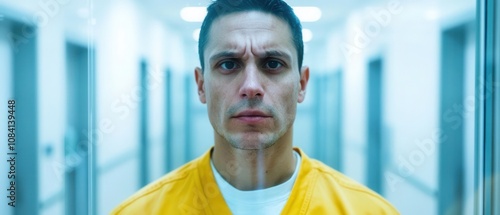 A serious man in a yellow prison jumpsuit gazes intently in a stark hallway, conveying tension and emotion.