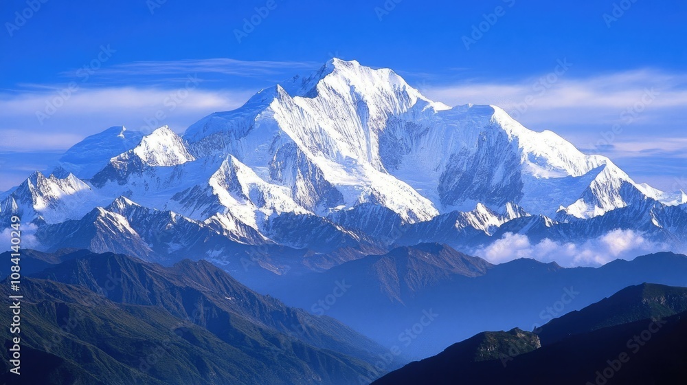 Obraz premium Majestic snow-capped mountain peak rising above a range of green hills under a clear blue sky.
