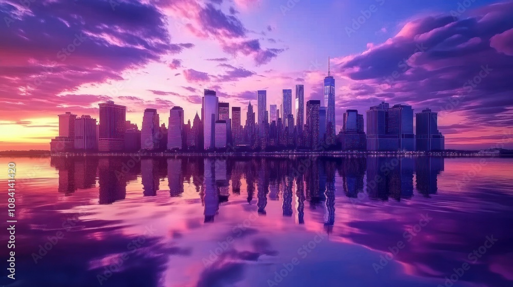 Fototapeta premium A twilight view of Manhattan skyline, with skyscrapers reflecting on the river under a vibrant dusk sky. The city energy and tranquility are captured in this picturesque scene.