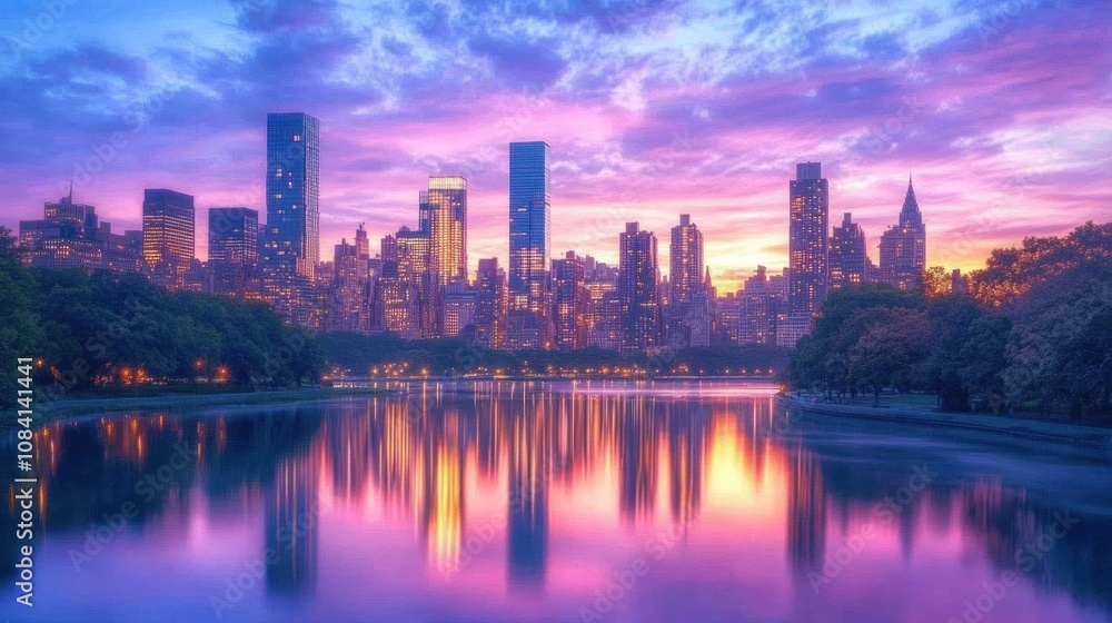 Obraz premium A twilight view of Manhattan skyline, with skyscrapers reflecting on the river under a vibrant dusk sky. The city energy and tranquility are captured in this picturesque scene.