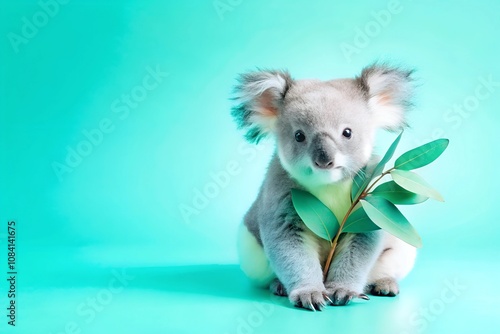 Cute koala holding eucalyptus leaves against a bright aqua background with plenty of copy space. Ideal for eco-friendly campaigns, conservation ads, or creative designs. photo