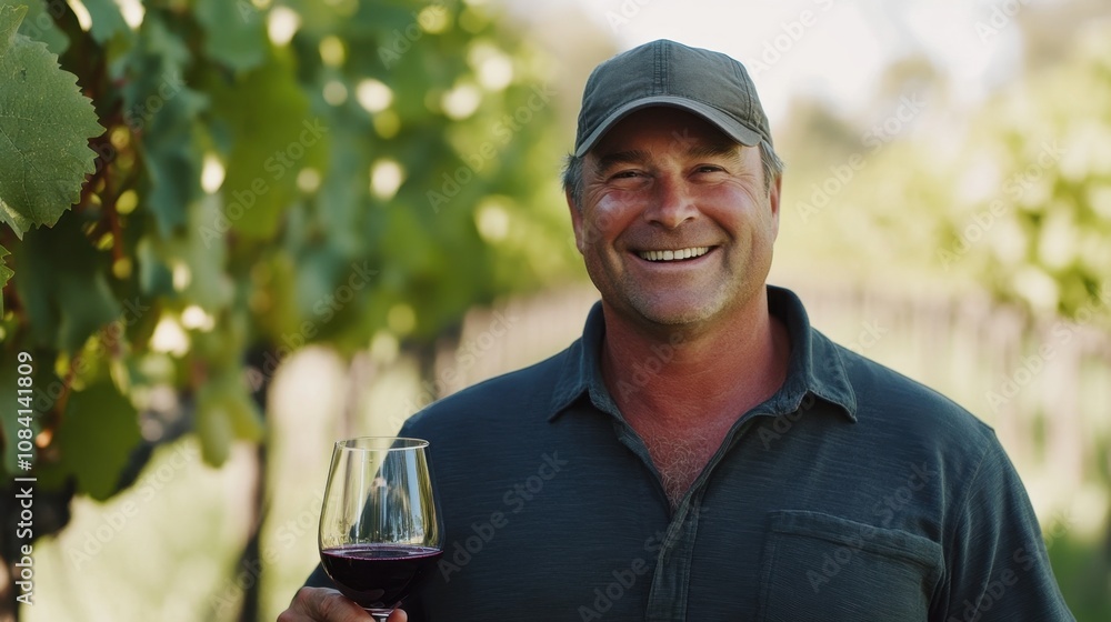 Fototapeta premium Joyful Vineyard Owner Holding Glass of Red Wine in Scenic Vineyard Surrounded by Lush Grapevines Under Clear Blue Sky, Capturing the Essence of Winemaking and Terroir