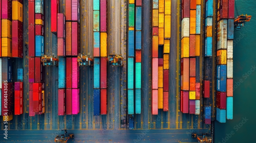 Obraz premium Colorful shipping containers at an international port, with cranes and trucks moving goods