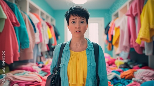 Woman in Colorful Closet Surrounded by Clothing in Disarray, Expressing Shock and Confusion Over Messy Wardrobe Choices and Overwhelming Options