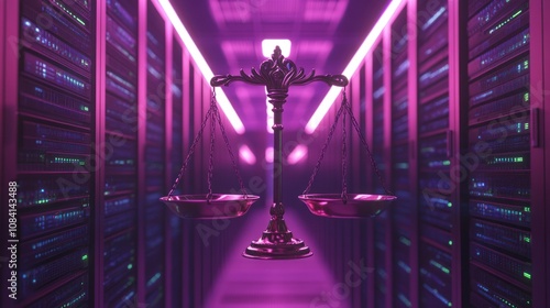 Digital scales of justice in front of rows of servers in a data center, symbolizing modern jurisprudence reliance on data. A concept for digital duality in law. photo