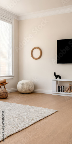 Modern living room with minimalist decor natural light and cozy furnishings in bright colors