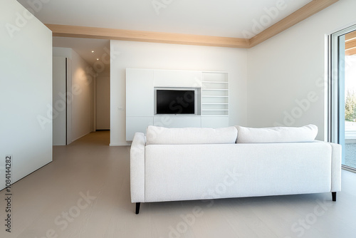 Modern living room featuring a white sofa and minimalist decor in a bright spacious setting