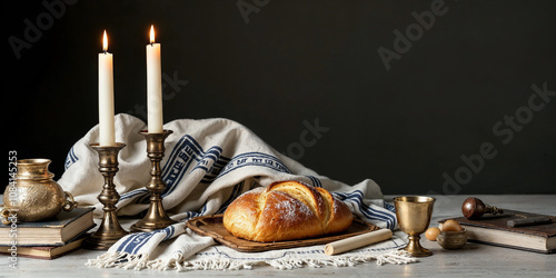 Vintage Shabbat Scene with Challah, Candles, and Sacred Items