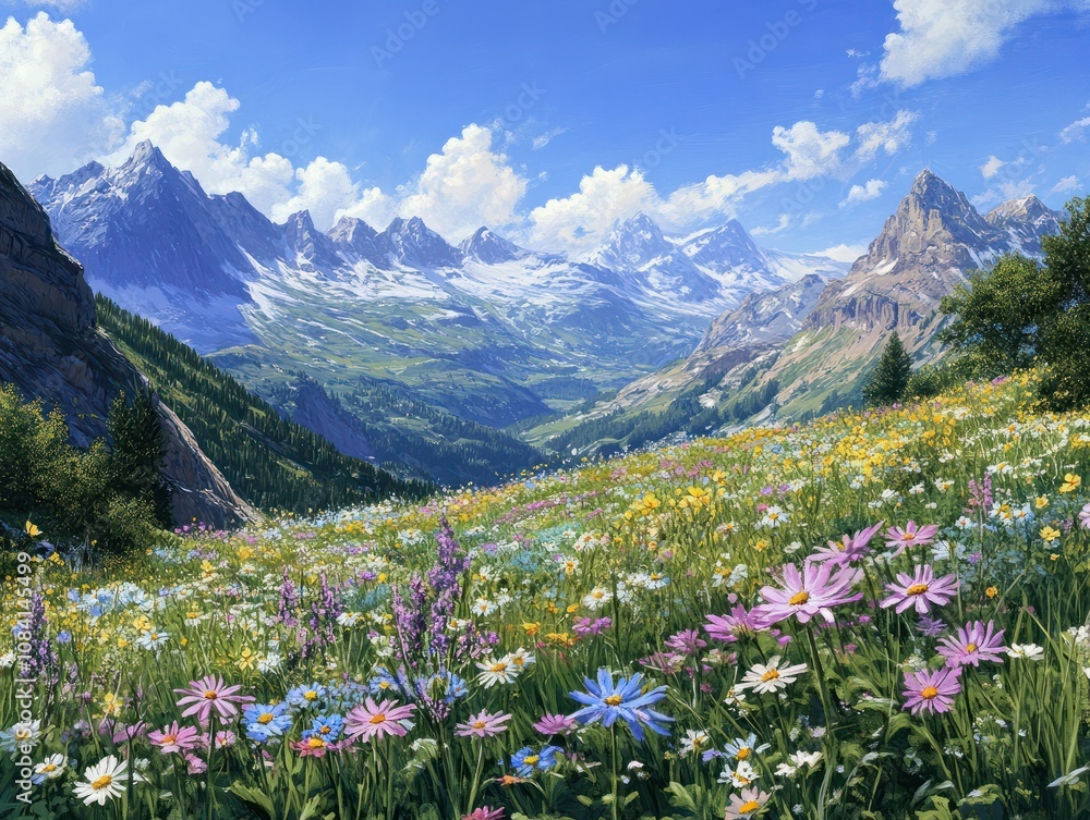 Fototapeta premium Vibrant wildflowers dot a serene alpine meadow, surrounded by towering mountain peaks, under a bright blue sky with a hint of wispy clouds.