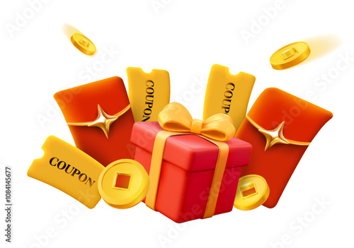 3d gift box with red envelope lucky money, golden coins and coupons flying around, isolated on white background. Cash back gift voucher in 3d vector concept. Vector illustration