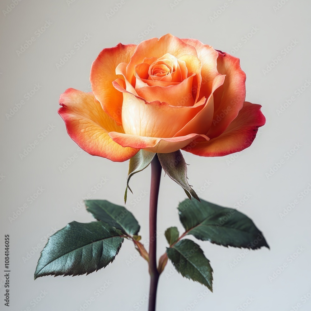 Fototapeta premium Close-Up View of a Vibrant Rose with Leaf Isolated on White Background, Perfect for Nature, Floral, and Romantic Themes