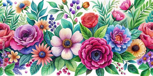 Watercolor Floral Border with Vibrant Blooms and Lush Greenery, Watercolor, Floral, Border , Flowers, Botanical