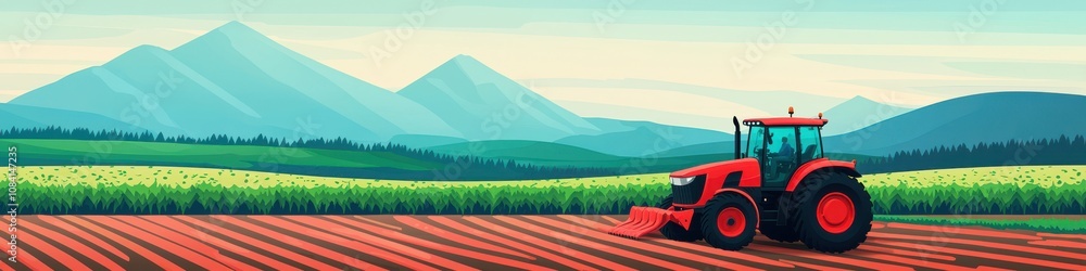 Fototapeta premium Tractor plowing fields rural landscape digital art serene environment wide angle view agricultural concept