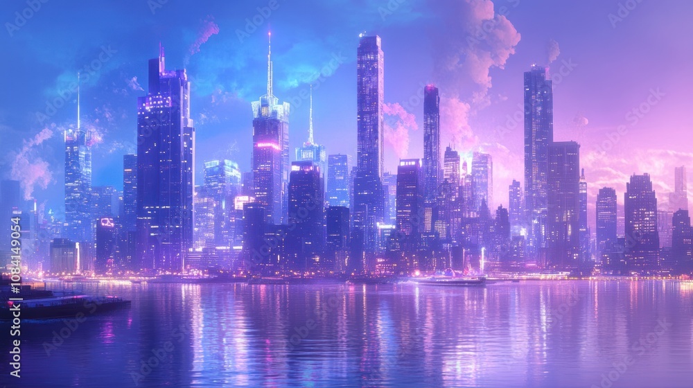Obraz premium Manhattan iconic skyline at dusk, with towering skyscrapers reflecting on the river under a colorful sunset. The city lights begin to twinkle, embodying the heart of New York nightlife.