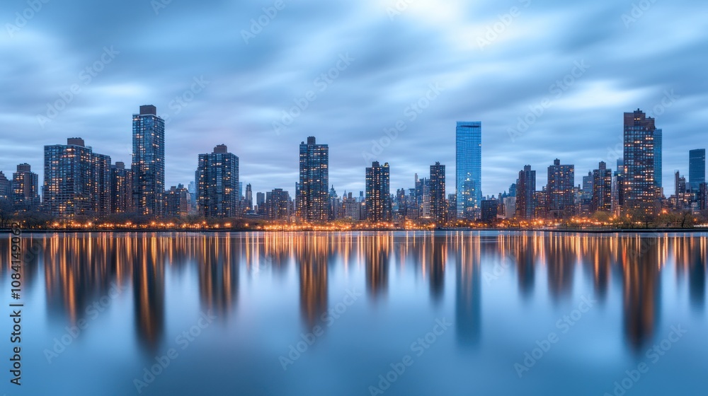 Fototapeta premium Manhattan iconic skyline at dusk, with towering skyscrapers reflecting on the river under a colorful sunset. The city lights begin to twinkle, embodying the heart of New York nightlife.