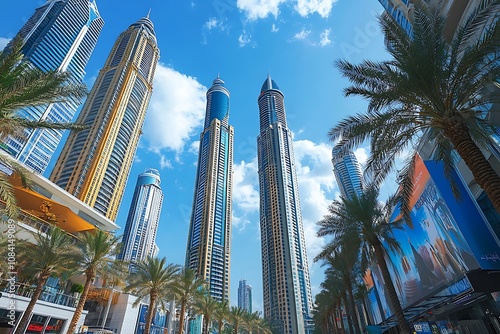 City Street with Skyscrapers and Palm Trees Under Blue Sky