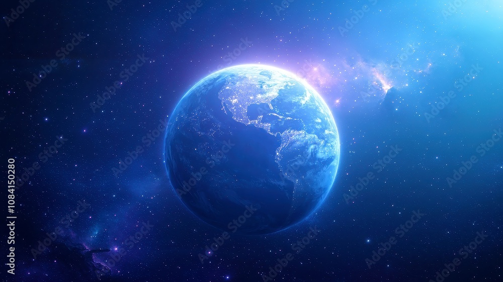 Fototapeta premium Earth from Above, a breathtaking perspective showcasing the vibrant blue planet surrounded by swirling gas, colorful nebulae, and distant stars in the vast cosmos.