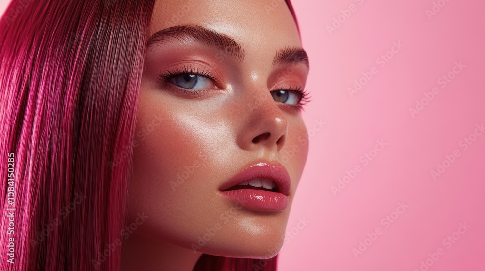 Fototapeta premium Studio image of a model with straight, glossy hair with pink highlights, captured against a light pink backdrop