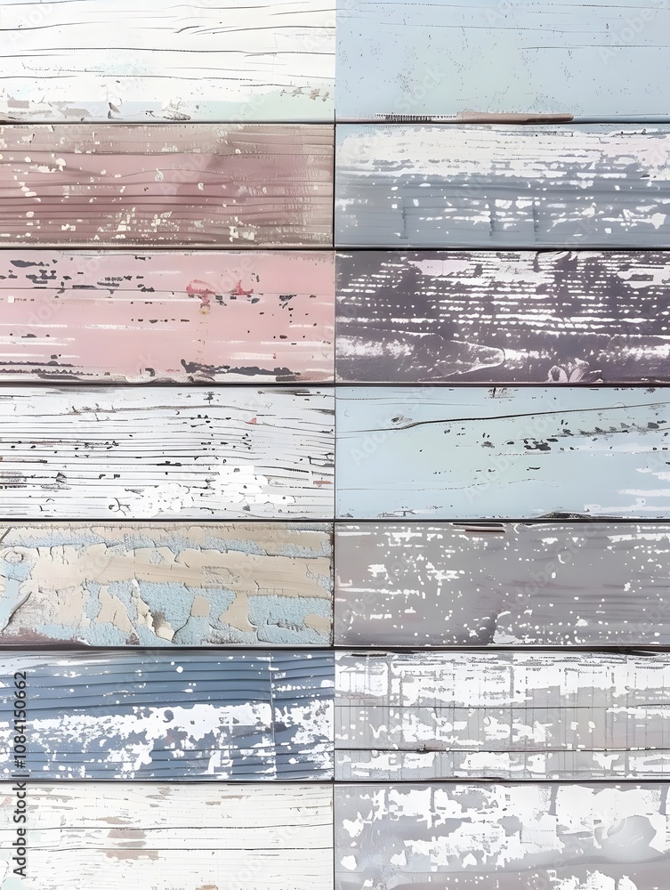 Fototapeta premium A collage of weathered wooden planks in various pastel colors and textures.