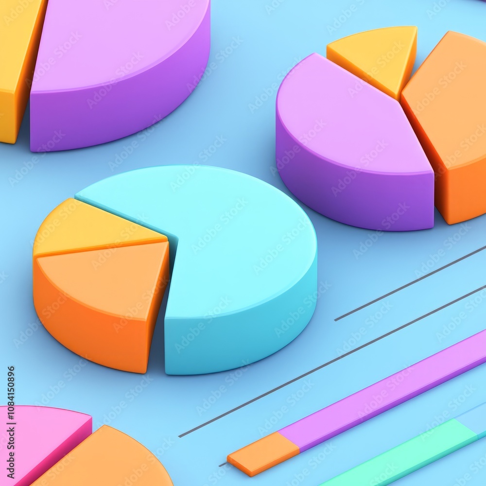 Obraz premium Colorful pie charts and bar graph on a blue background.