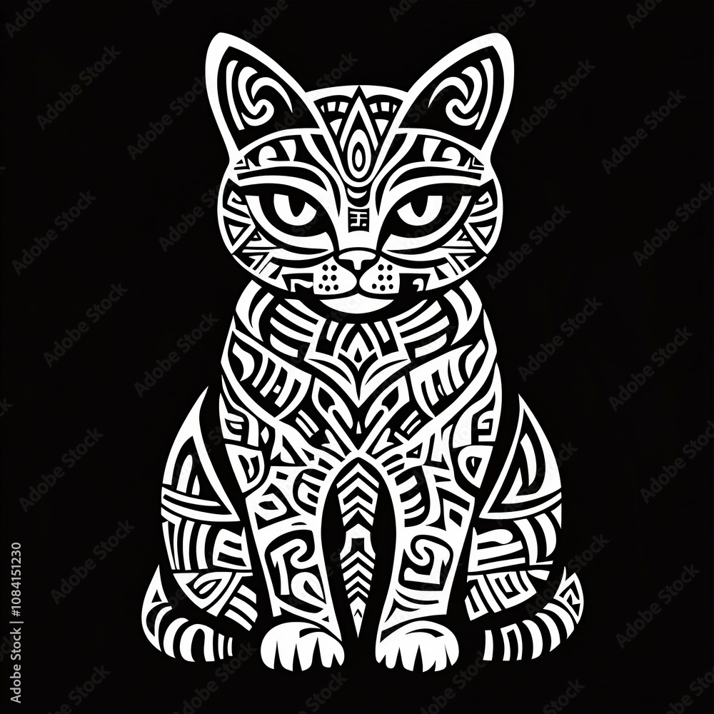 Obraz premium Mysterious Feline Guardian with Ornate Tribal Markings on Deep Black Canvas