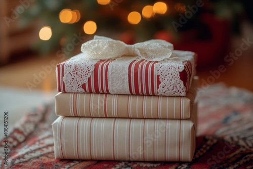 Decorated gift boxes stacked beside a Christmas tree in a cozy living room du...