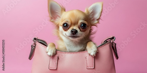 A small chihuahua peeking out of a pink handbag against a vibrant pink backgr...