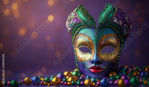 Colorful decorated mask surrounded by vibrant beads during a festive celebration
