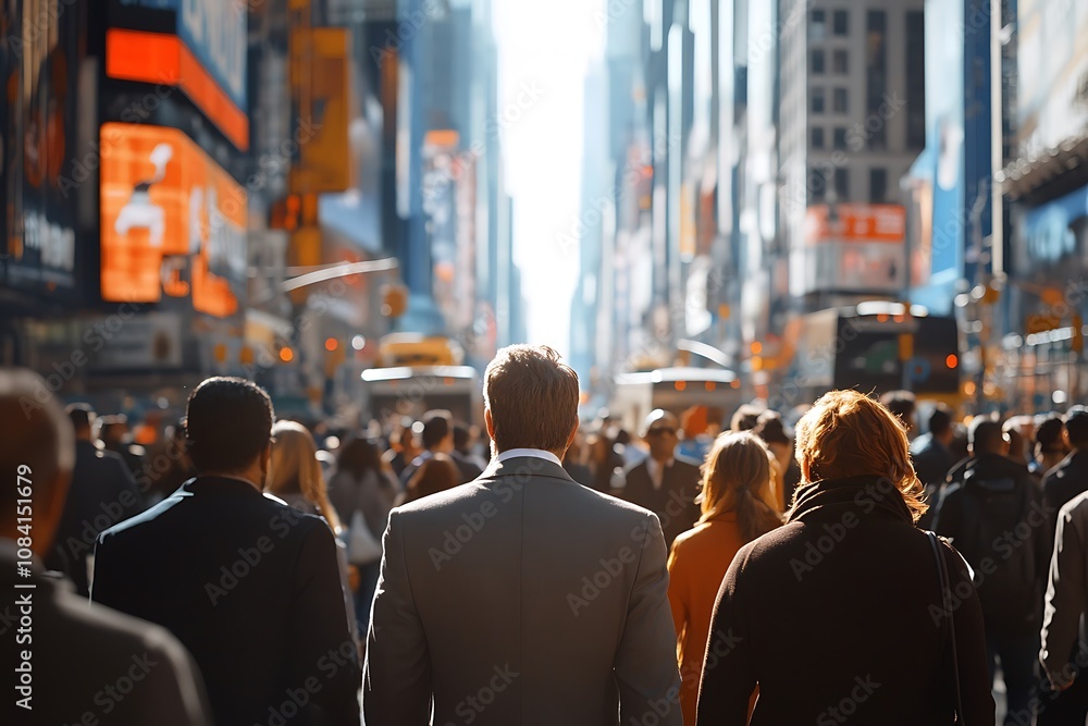 Obraz premium Cityscape Rush Hour Anonymous Crowd Walking Through Skyscrapers
