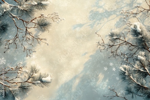 Frost covered pine branches glistening in sunlight during a winter morning