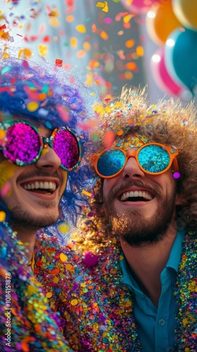 Colorful partygoers smiling at a festive event with bright decorations and ba...