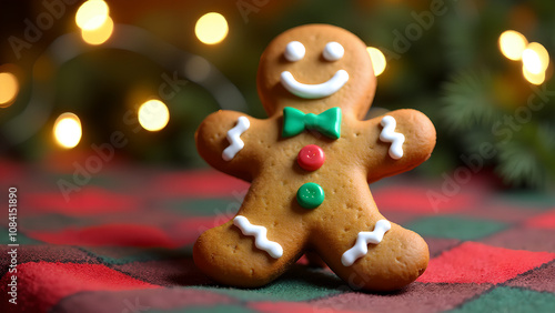 ein Lebkuchenmann, aufwendig verziert mit bunten Knöpfen, Fliege und einem fröhlichen Lächeln, vor einem Hintergrund aus sanft leuchtenden Weihnachtslichtern und einer karierten Tischdecke. photo