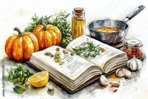 Cooking preparation with an open recipe book and fresh ingredients in a cozy ...