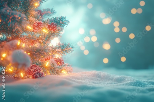 A beautifully decorated Christmas tree with lights glowing in a snowy landsca...