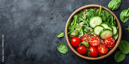 Fresh vegetable and quinoa salad with tomatoes and cucumbers on a dark backgr...
