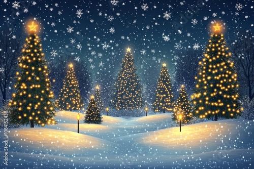 A peaceful winter pathway lined with snow covered trees illuminated by warm l...