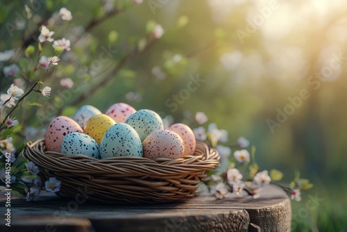 Beautifully colored Easter eggs arranged in a woven basket surrounded by flow...