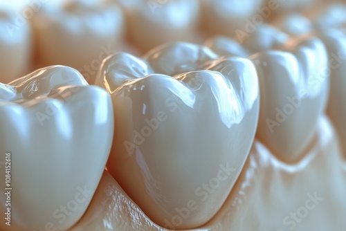 Close up of shiny dental crowns arranged neatly on a reflective surface indic...