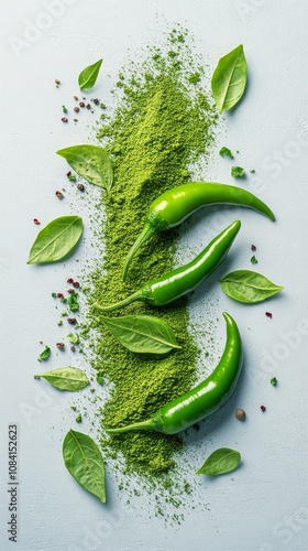 Fresh green chili and spice mix arranged aesthetically on a white background ...