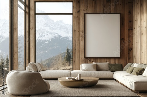 Modern living room with large windows overlooking snowy mountains in a wooden...