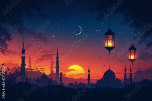 A serene evening view of a crescent moon over a city with prominent domed str...