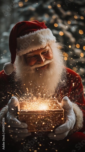 Santa Claus joyfully opens a magical gift during a snowy holiday evening fill...